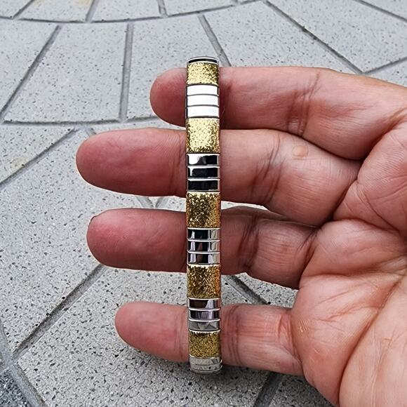 Milor Two Tone Polished Glitter Stainless Steel Stretchy Link Bracelet - Picture 4 of 7